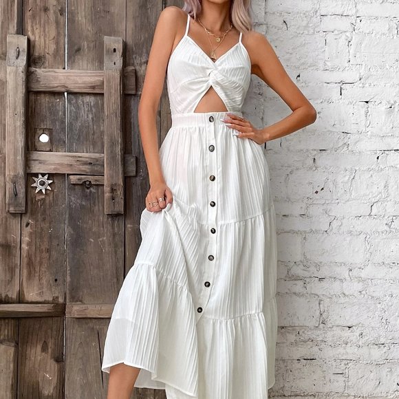. Dresses & Skirts - White Boho Womens Twist Front Cut Out Ruffle Hem Cami Dress